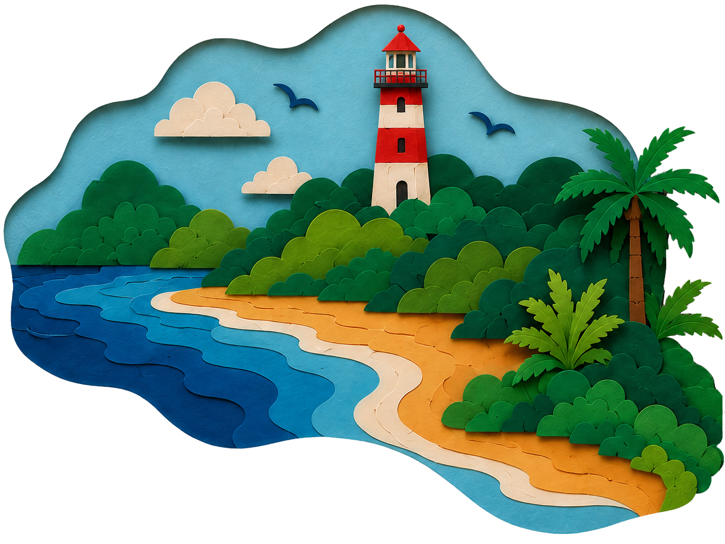 Lighthouse island paper-craft scene
